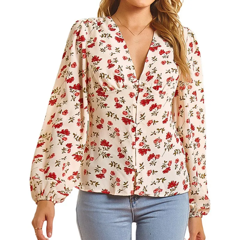

Women Summer Long Sleeve Print Blouses Sexy V Neck Ruffle Shirts Casual Ladies Blouse Tops blusas y camisas chemise femme