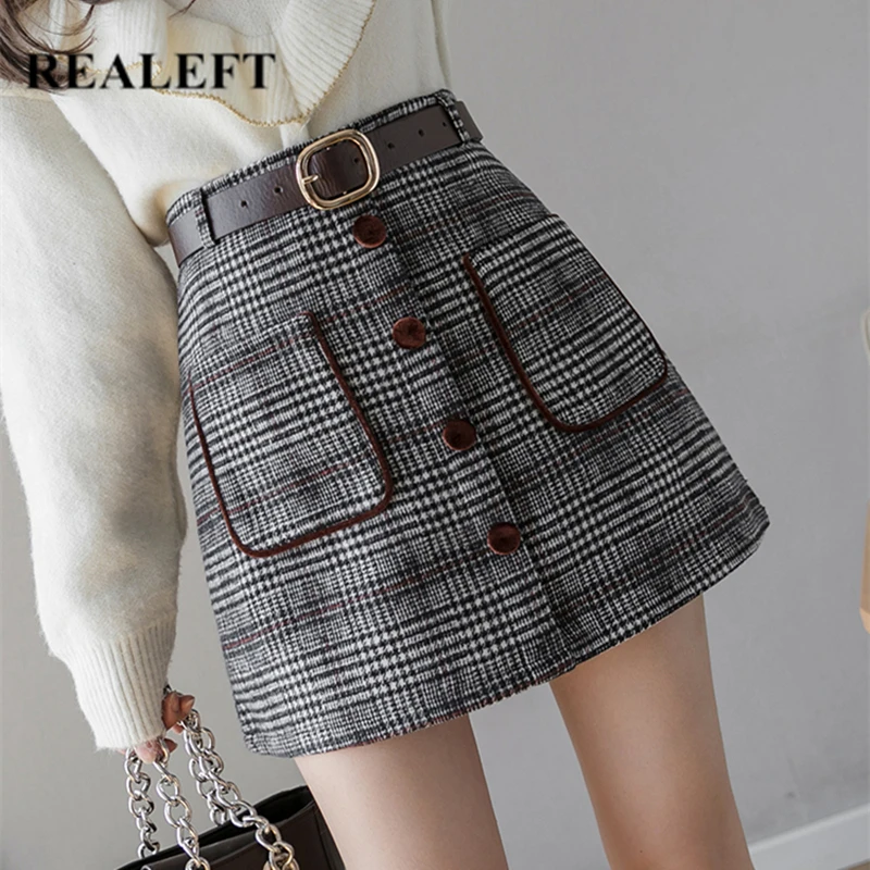 Юбка Женская шерстяная трапециевидная в клетку на пуговицах с карманами|Женские