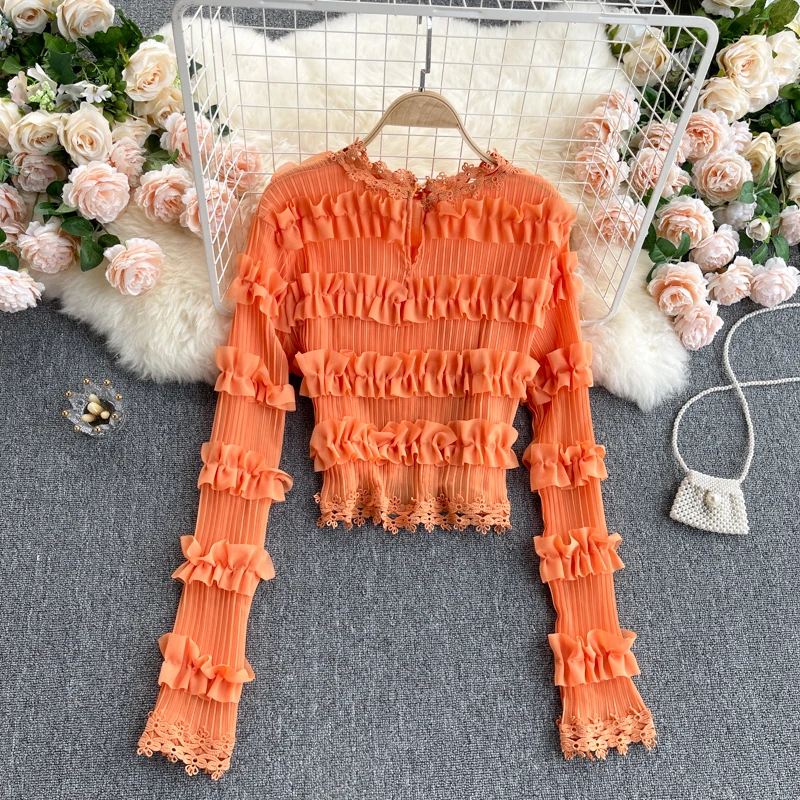

Spring Autumn Women Lace Fungus Open Navel Versatile Chiffon Shirt New Round Collar Long Sleeve Short Fashion Spring Summer 2021