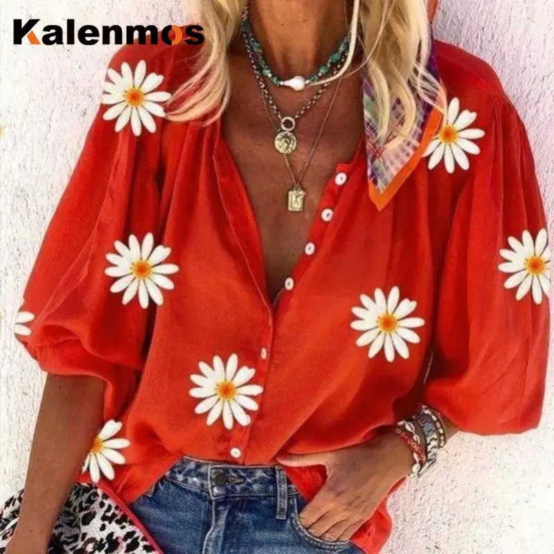 

Женская рубашка, топы, новая мода, цветочный принт, однобортный, v-образный вырез, пляжный стиль, свободный, Повседневный, панк, готика, летняя...