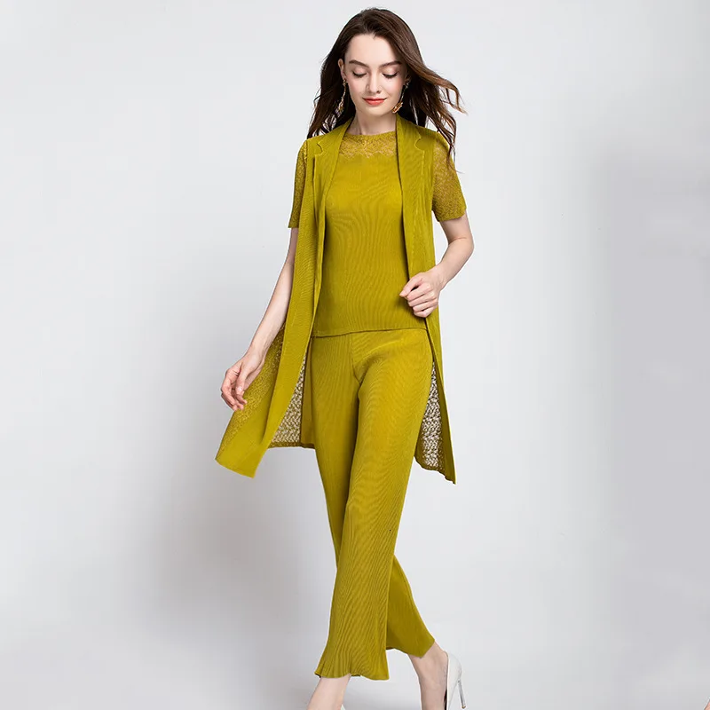 LANMREM 2020 New Fashion Pattern Pleated Stitching Lace Slimming Solid Elegant Shawl Wide-leg Pants Female Three-piece Set AD069 | Женская