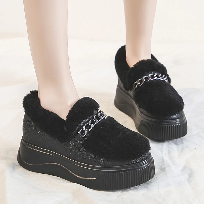 

Casual Woman Shoe Loafers Fur Increas Height Round Toe Modis Shallow Mouth Clogs Platform New Winter Moccasin 2021 Creepers Floc