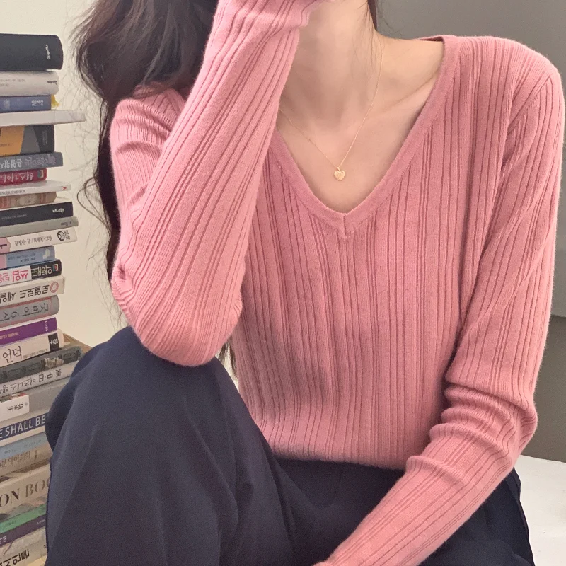

Elegant V-neck Ribbed Knitted Women Sweater Autumn Casual Long Sleeve Slim Pullovers Tops Fashion Sheath Ladies Jumper