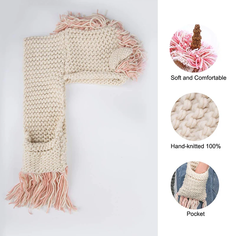 

Crochet Cartoon Unicorn Winter Hat with Scarf Pocket Hooded Knitting Beanie Cosplay Photography Children Girl Scarfs