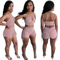 2021 fashion summer new sexy sleeveless crossover design suspenders solid color deep v neck back zipper two piece shorts women