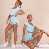 2 piece set women yoga suit hip bow pure color short sleeved shorts quick drying breathable sports running fitness pants
