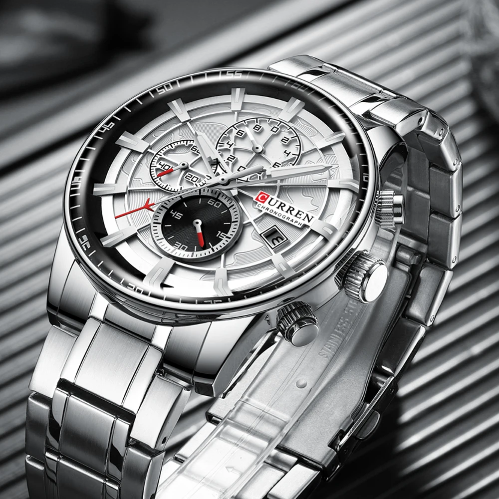 CURREN New Fashion Silver Black Quartz Watch Stainless Steel Waterproof Wristwatch Luminous Luxury Brand Chronograph Date Clock | Наручные