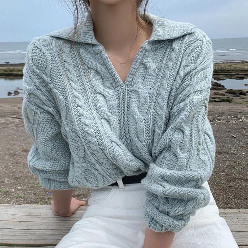 

Women's Sweater Pullover Knit Casual Solid Color Autumn Lapel Retro Women's Loose All with Soft Sweet Top Women's Clothing
