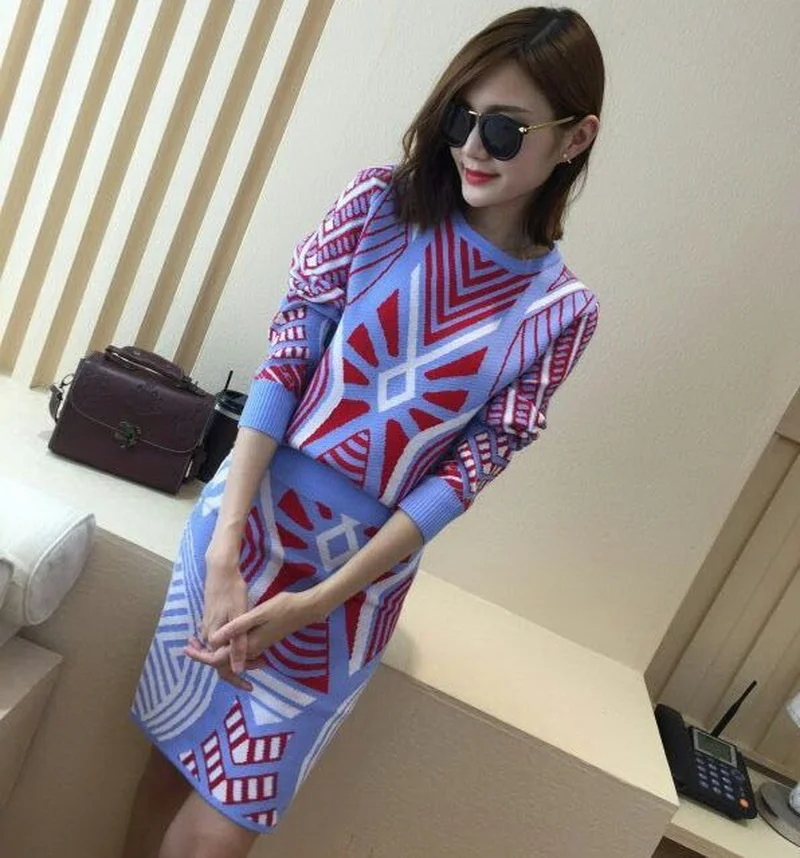 

Women Knit Geometric Pattern Sweaters Tops + Skirt 2 Piece Set 2021 New Ladies Autumn Casual Long Sleeve Knitted Suit LY599