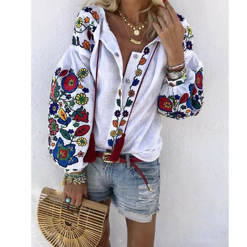 

Womens Long Sleeve T Shirt Flower V-Neck Casual Loose Top Ladies Casual Blouse National Character Wear /BY