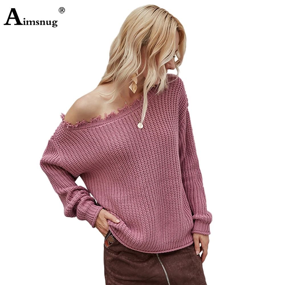 

Женские однотонные вязаные свитера, Осень-зима 2020, европейские повседневные теплые свитера с длинным рукавом, Женский пуловер с косым ворот...