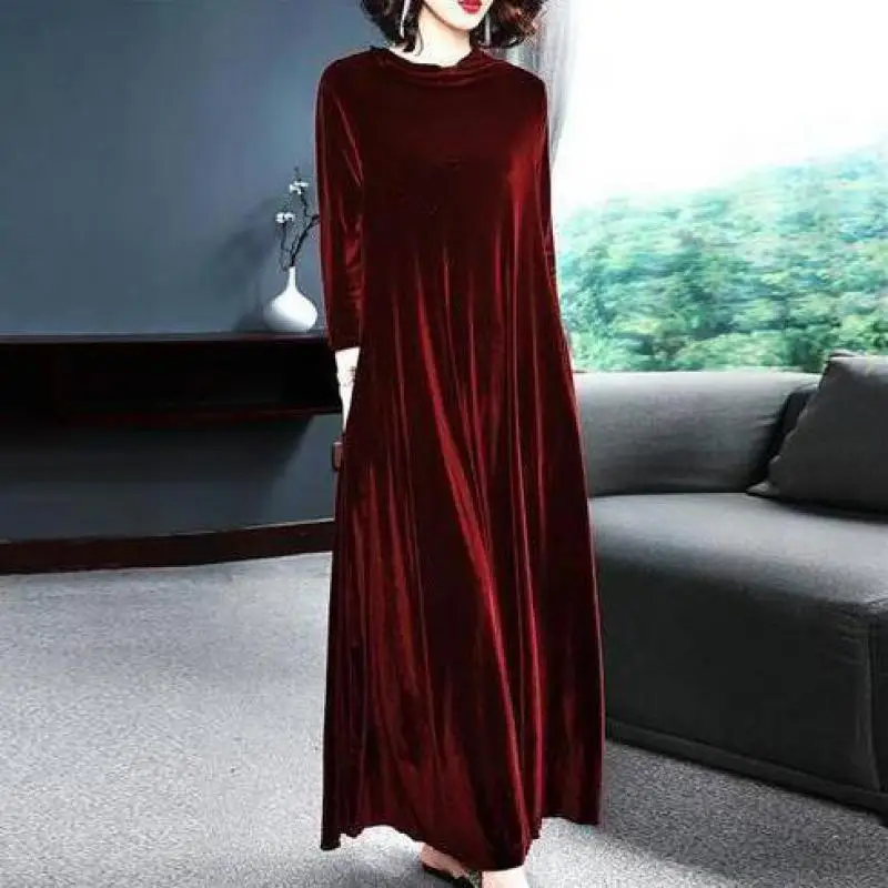 

Women Dress Elegant Fashion Retro Solid Color Golden Velvet Spring/autumn Dress Women Vestidos Long Sleeve Dress Free Shipping