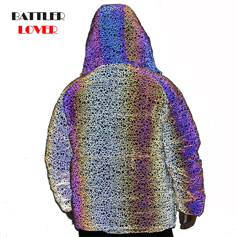 

Colorful Rainbow Reflective Winter Jacket Coat For Men Windbreaker Reflecting Glow Hooded Parka Male Hip Hop Dance Warm Overcoat