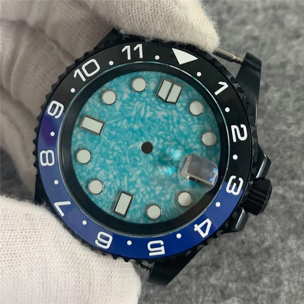 

40mm Watch Case for NH35/NH36/4R36 Movement Modification Kits Black PVD Coating Light Blue Dial Ceramic Bezel Watch Case