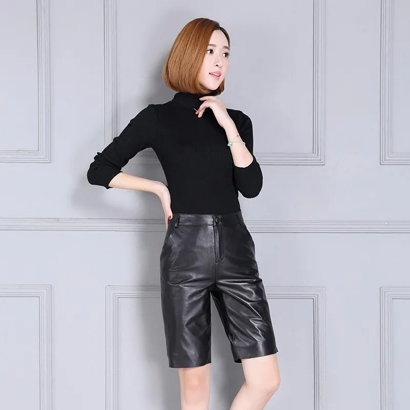 Fashion New Womens Genuine Leather High Waist Knee Length Shorts Pockets Office Lady Korean Style Slim Casual Sheepskin Shorts