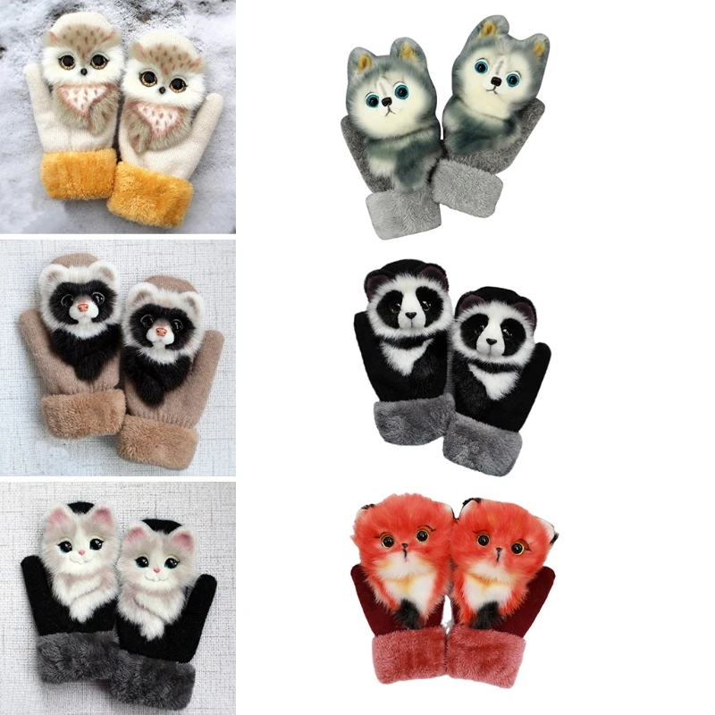 

2021 New Women Men Winter Knitted Gloves Cute 3D Fluffy Cartoon Animal Thermal Mittens