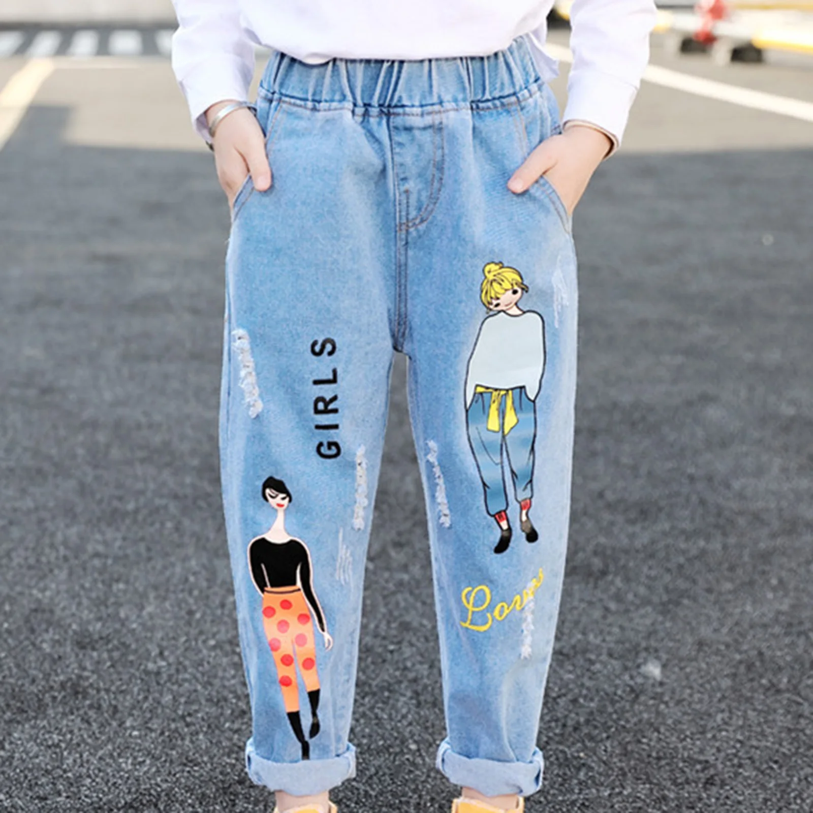 

Fashion Girls Cartoon Casual Jeans For Teenage Children Jean Elastic Waist Denim Pants Kids Trouser for Girl Kids Clothes 3-14T