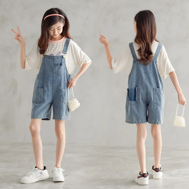 

Girls Denim Overalls Shorts 2021 Summer 8 10 12 years Blue Jeans Jumpsuits Casual Sisters Teens Pants