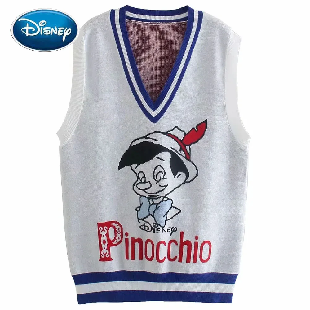

Disney Fashion The Adventures of Pinocchio Letter Cartoon Print V-Neck Streetwear Women Sweater Vest Knitted Sleeveless Tops
