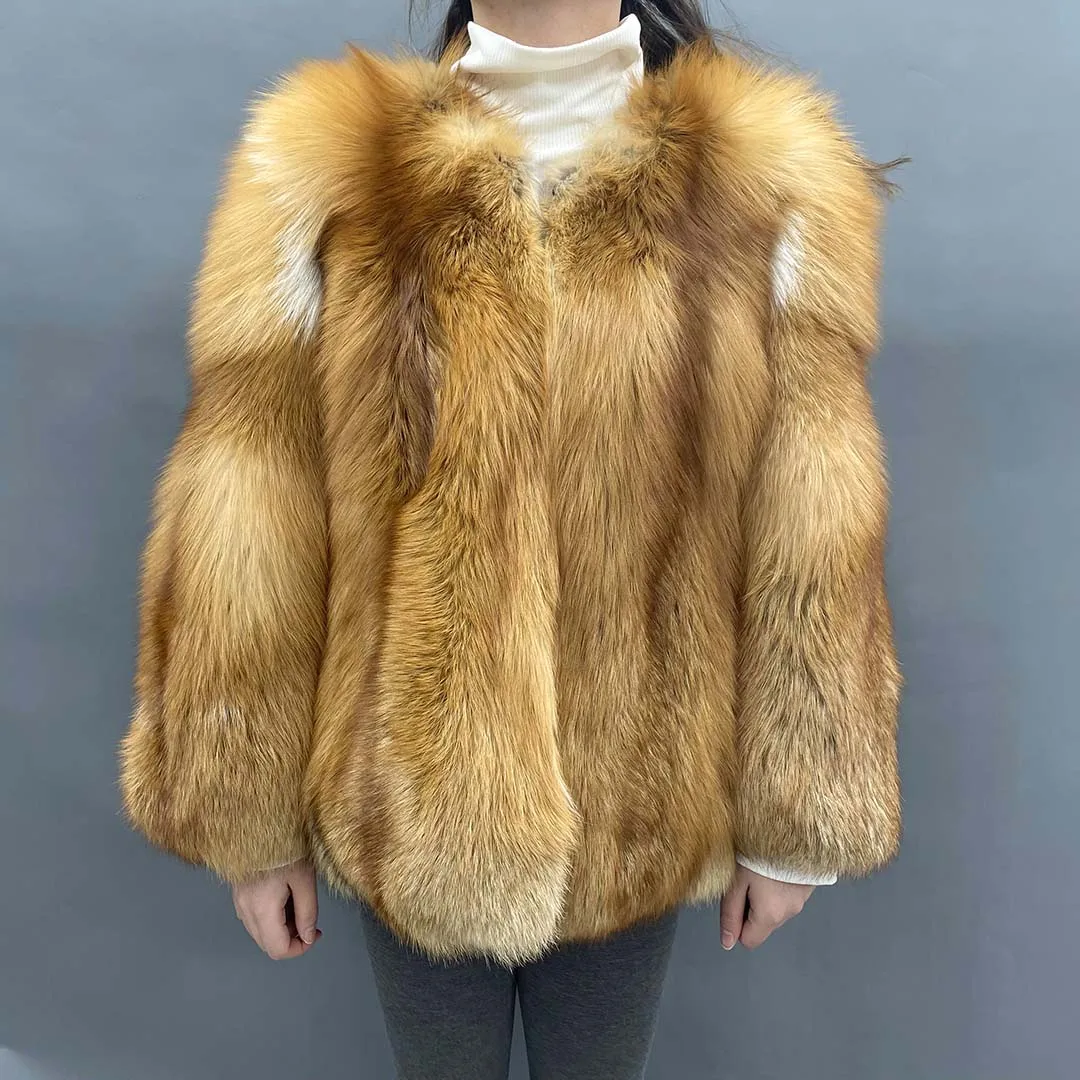 

Winter Red Fox Fur Coat High Quality Winter Coat For Women Whole Skin Round Neck Woman Overcoat