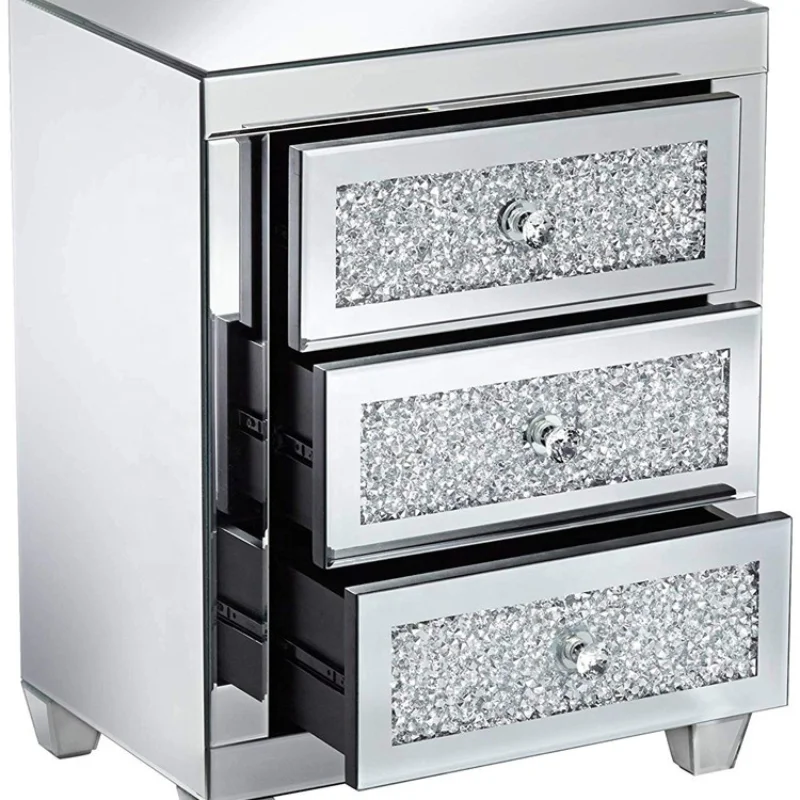 

High quality light luxury diamond crush bedside table bedroom furniture custom silver mirror side cabinet night stand