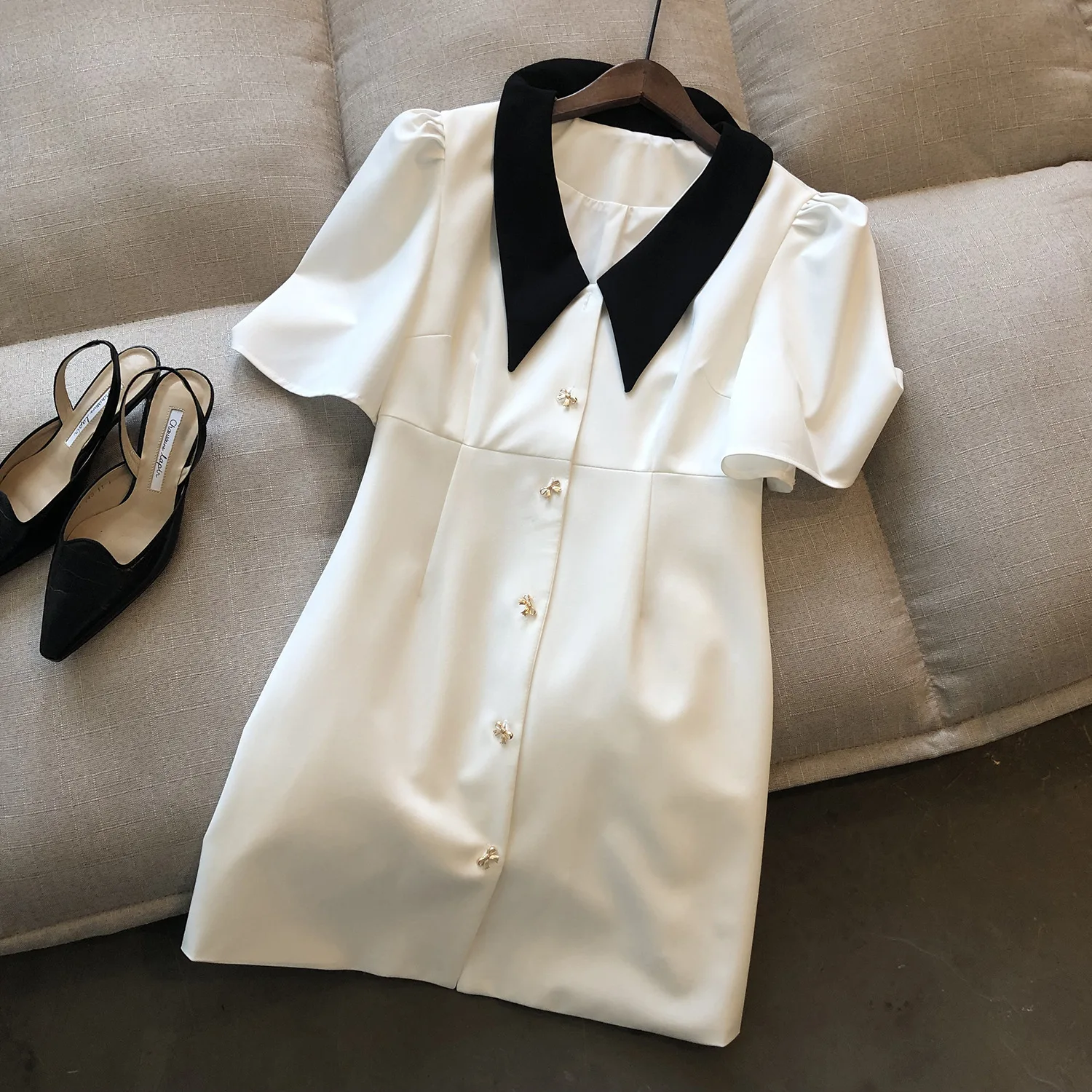 

Женское летнее платье контрастных цветов, новинка 2021, французская Милая Короткая юбка с пышными рукавами, облегающее сексуальное платье Y2k ...