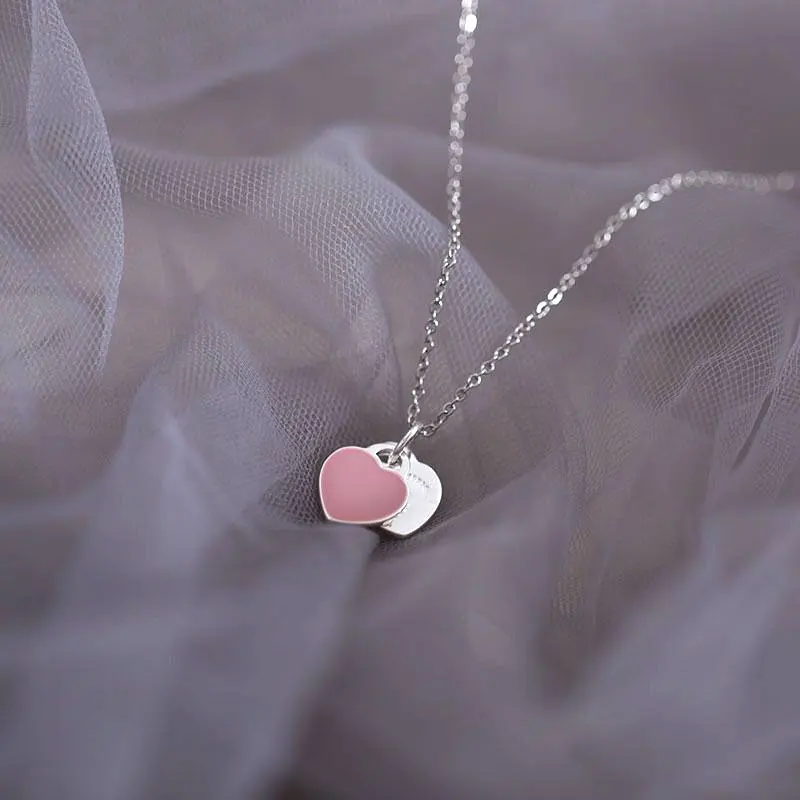 

Tif Classic Double Heart Pendant 925 Sterling Silver Necklace, clavicle chain, Valentine's gift, birthday gift, free deliver