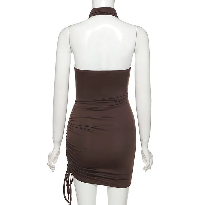 

Fashion Bandage Sexy Brown Halter Sleeveless Hollow Out Summer Bodycon Cut Out Mini Dresses Ruched Beach Party Club Women 2021