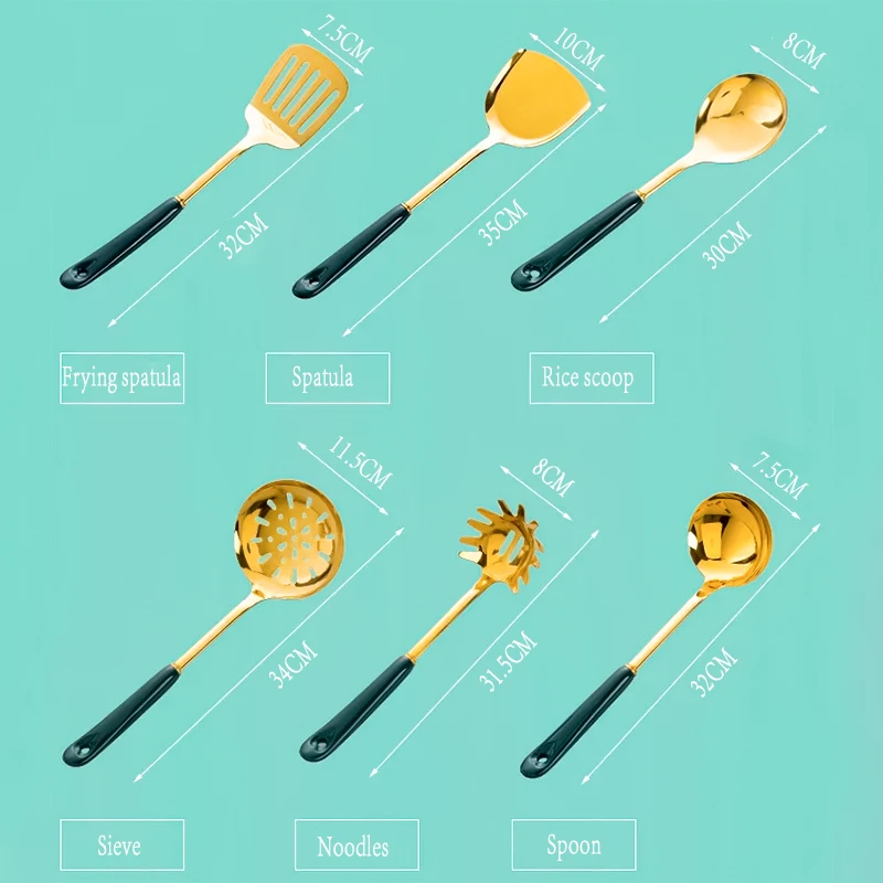 

7pcs/Set Cooking Kitchenware Tool Stainless Steel Kitchen Cooking Sets Strainers Colander Spoon Shovel With Shelf Dropshipping