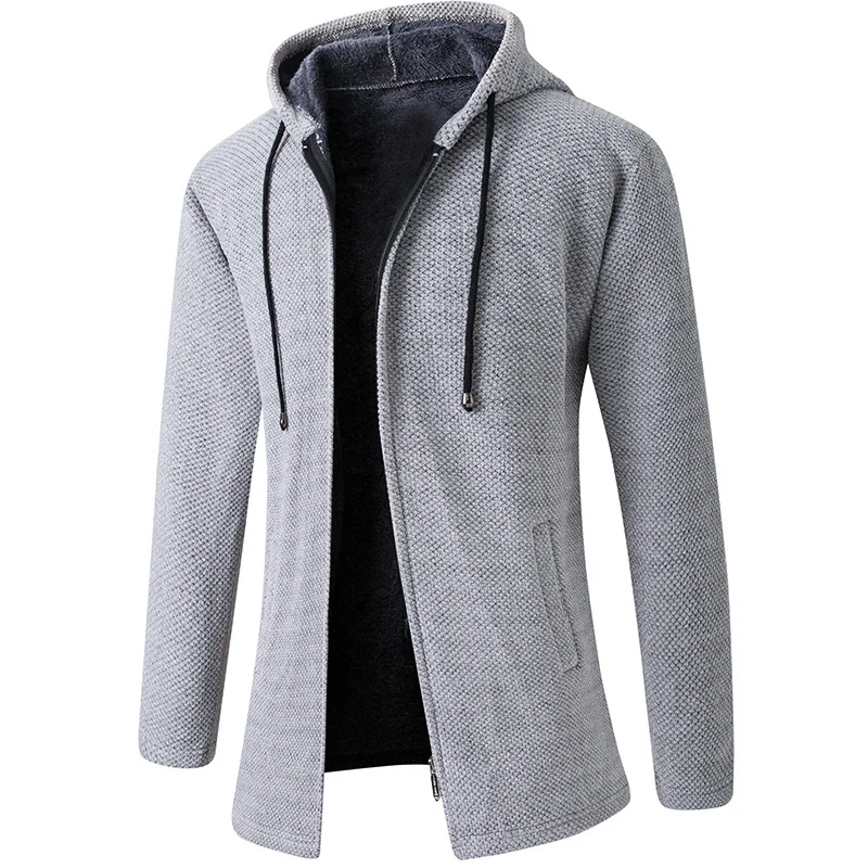

Winter Men's Sweater Coat Fleece Thicken Long Sleeve Cardigan Warm Knitted Windbreaker Mid-Length Hooded Casual Jacket