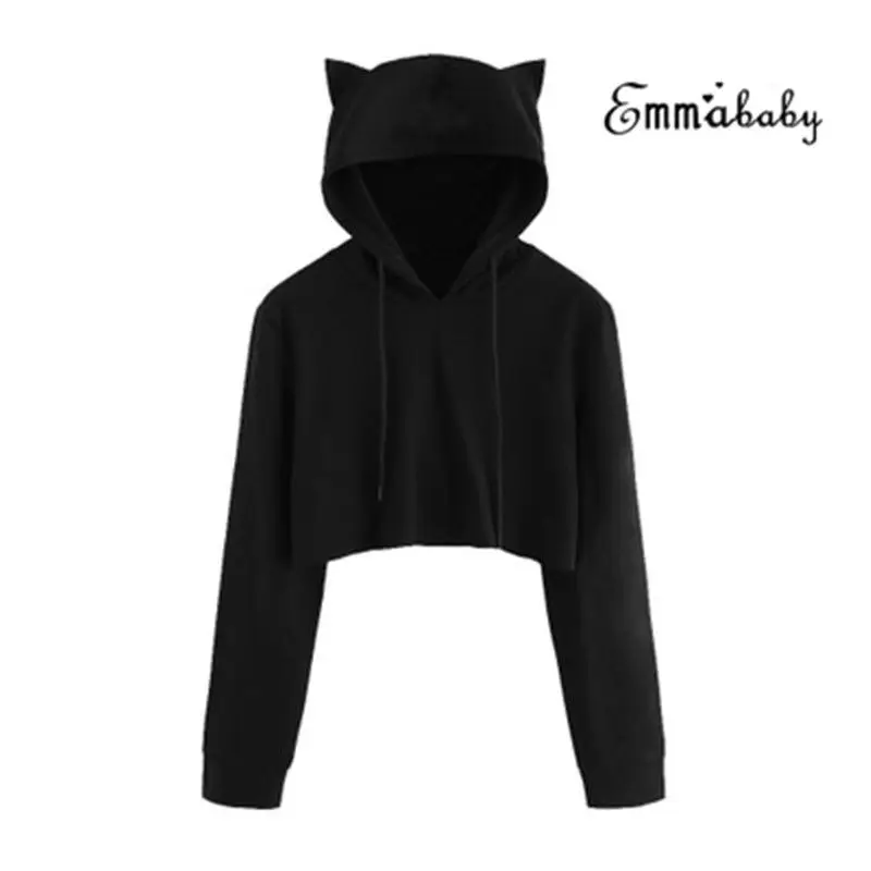 New Fashion Women Cat Ear Hoodie Jumper Casual Pullovers Cropped Sport Sweat Sweatshirt Tracksuit solid S-XL women hoodies