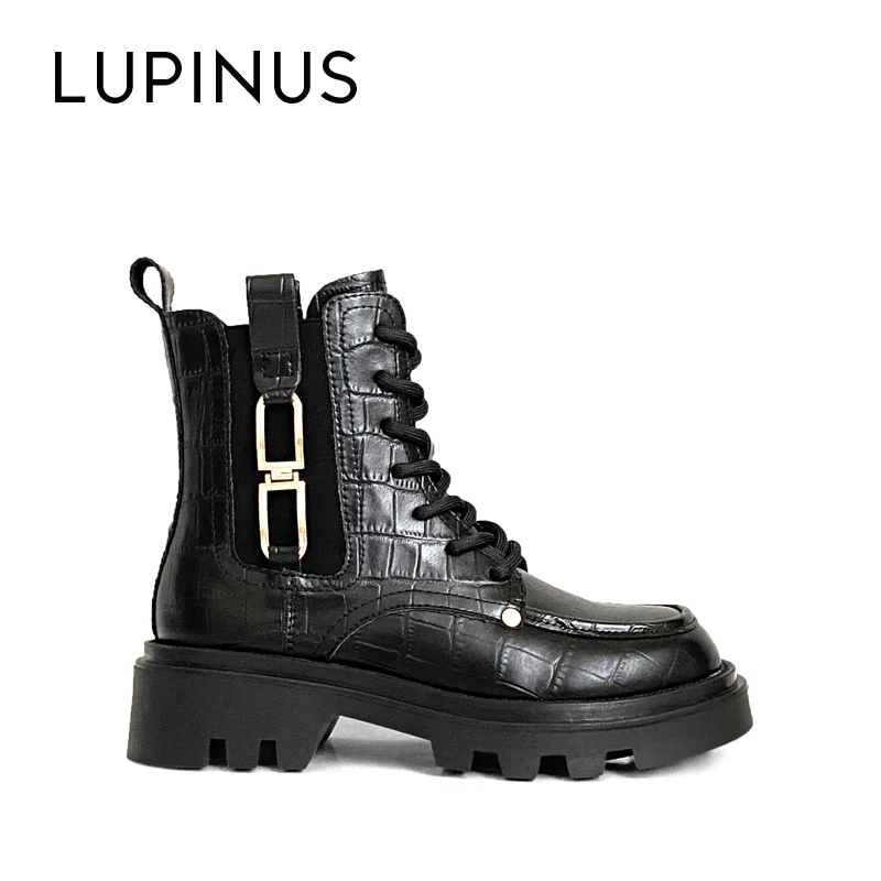

LUPINUS Fashion Mtal Button Women Ankle Boots Retro Crocodile Pattern Women Leather Boots Platform Flat Ankle Boots For Women