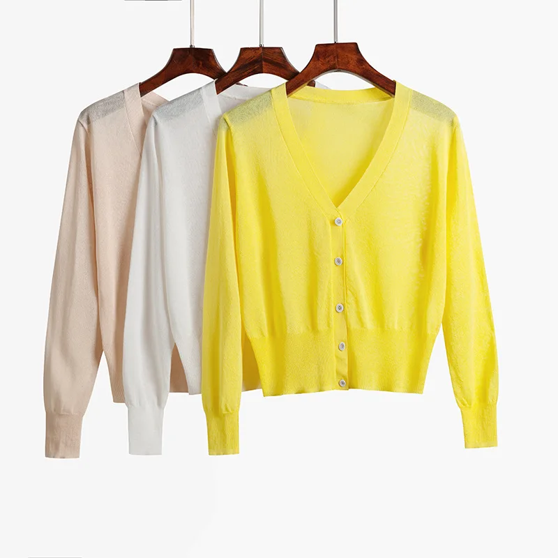 

UVRCOS Thin White V-Neck Ice Silk Knitwear Women's Spring and Summer 2021 New Long Sleeve Sunscreen Cardigan With Top