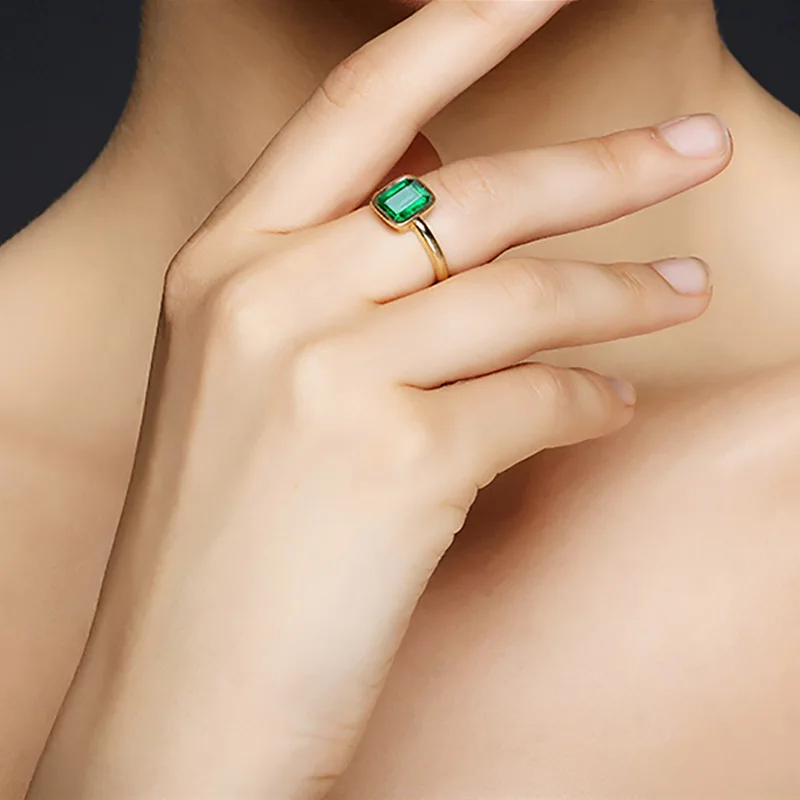 Желтое Золото изумрудно зеленое кольцо на палец квадратные каменные кольца для