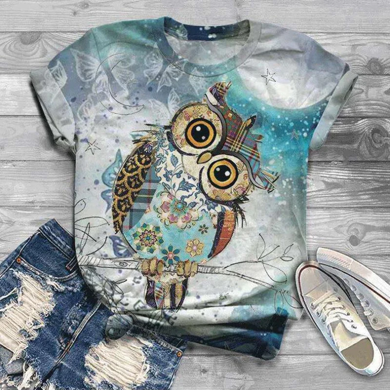 

2021Womens Tops And BlousesElegant 3d Animal Printed O Neck Shirt Summer Short Sleeve Casual Shirts Blusas Feminina