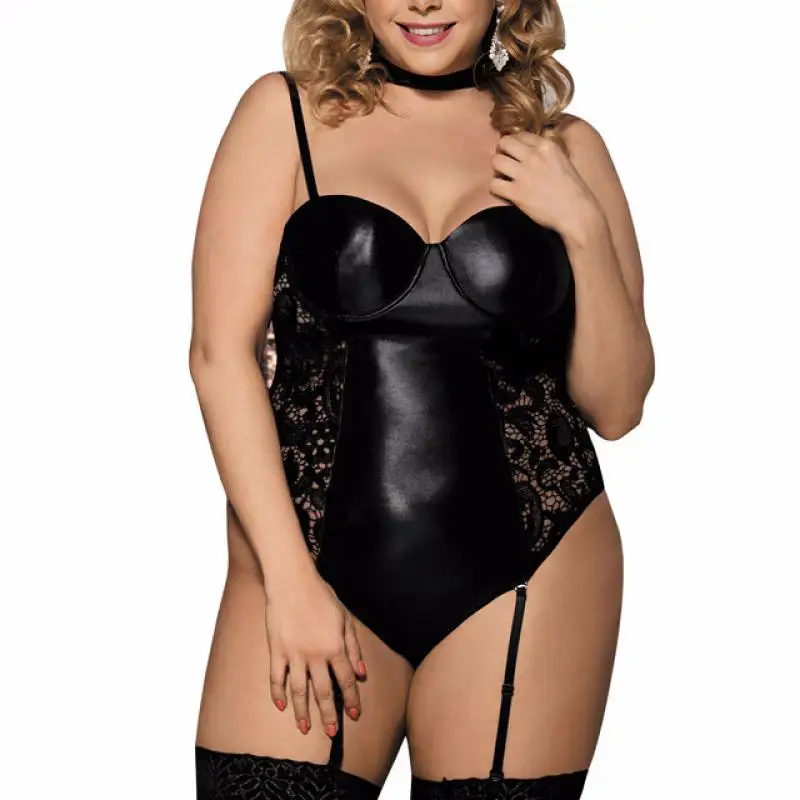 

Plus Size Women Exotic Pu Bodysuits Sexy Hollow Out Lace Teddies Push Up Bodysuit Garter Belt Back Sexy Nightwear Femme Clothes