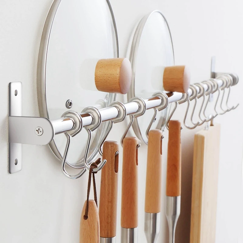 

Wall-mounted Stainless Steel Removable Hanging Rod Kitchen Utensils Tableware Hook Bathroom Simple Storage Rack
