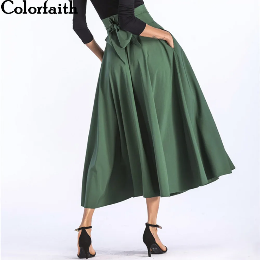 

FAKUNTN 2021 Women Slit Long Maxi Skirt Vintage Ladies Fashion Pleated Flared Pockets Lace Up Bow Plus Size 4XL Skirt SK8831