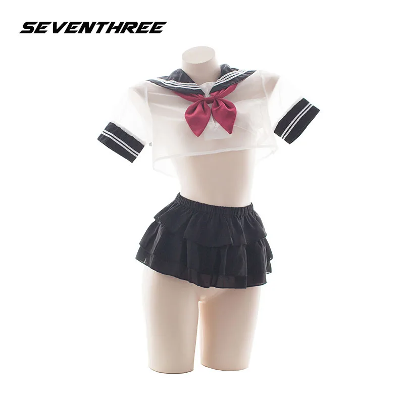 

Women Sexy Cosplay Transparent Lingerie Student Uniform School Girl Erotic Costume Women's Tiered Miniskirt Sailor Outfit