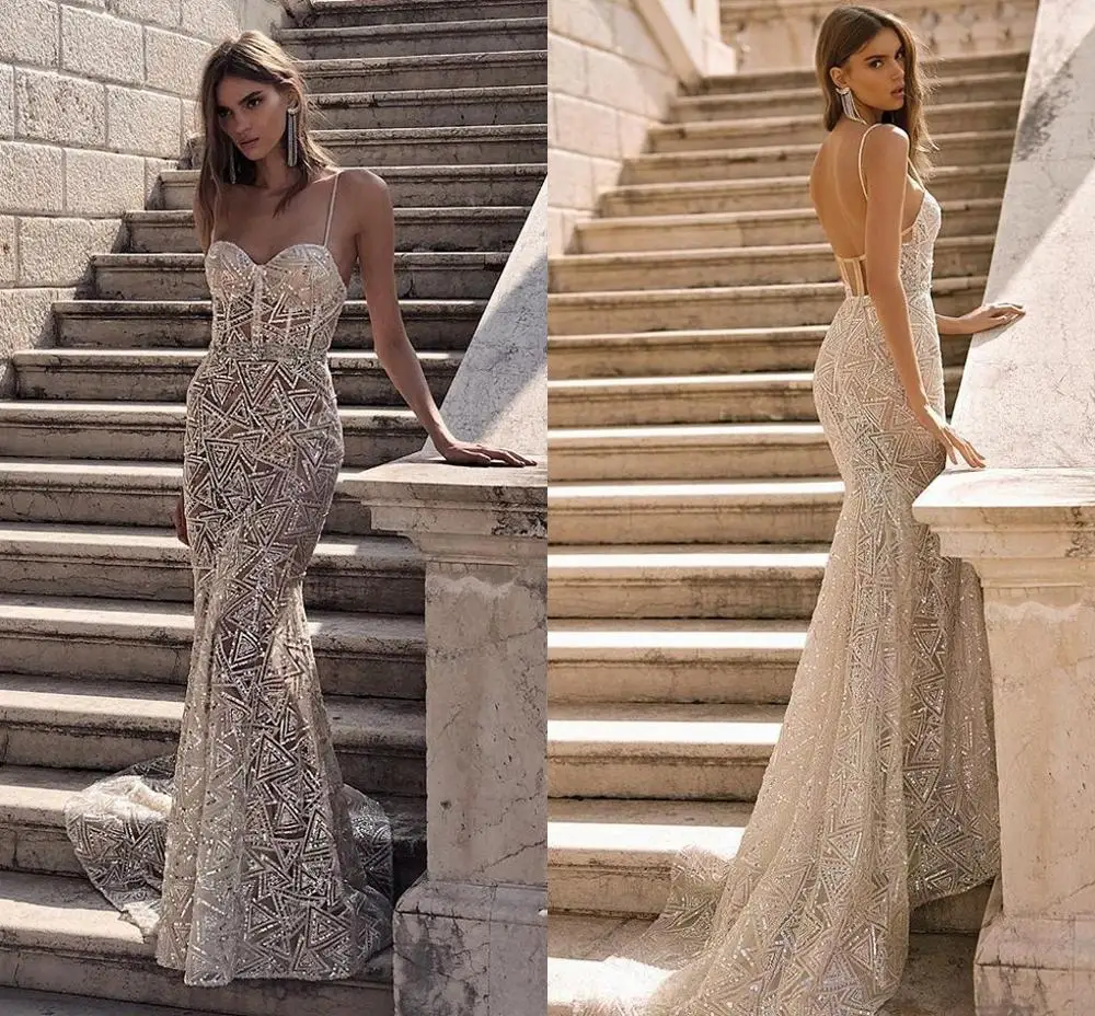 

New Arrival Berta Mermaid Weding Dress Sequins Lace Spaghetti Straps Backless vestido de novia vestito da sposa Bridal Gowns