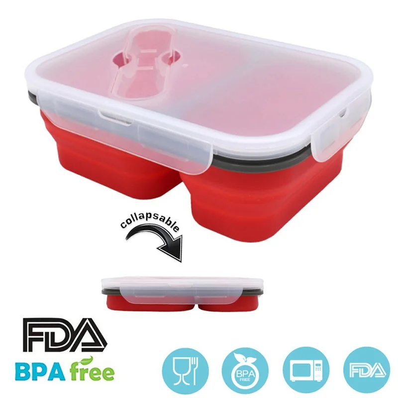 Складной силиконовый складной квадратный Bento Box с двойной сеткой Портативный