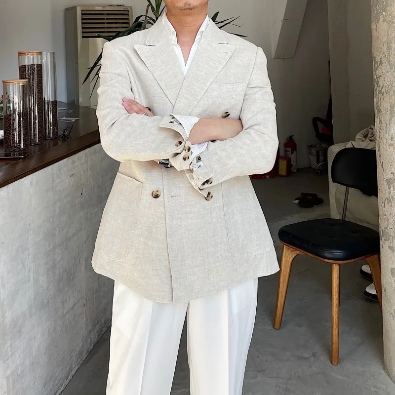 Летний бежевый льняной костюм для пляжа свадьбы мужской из 2 предметов