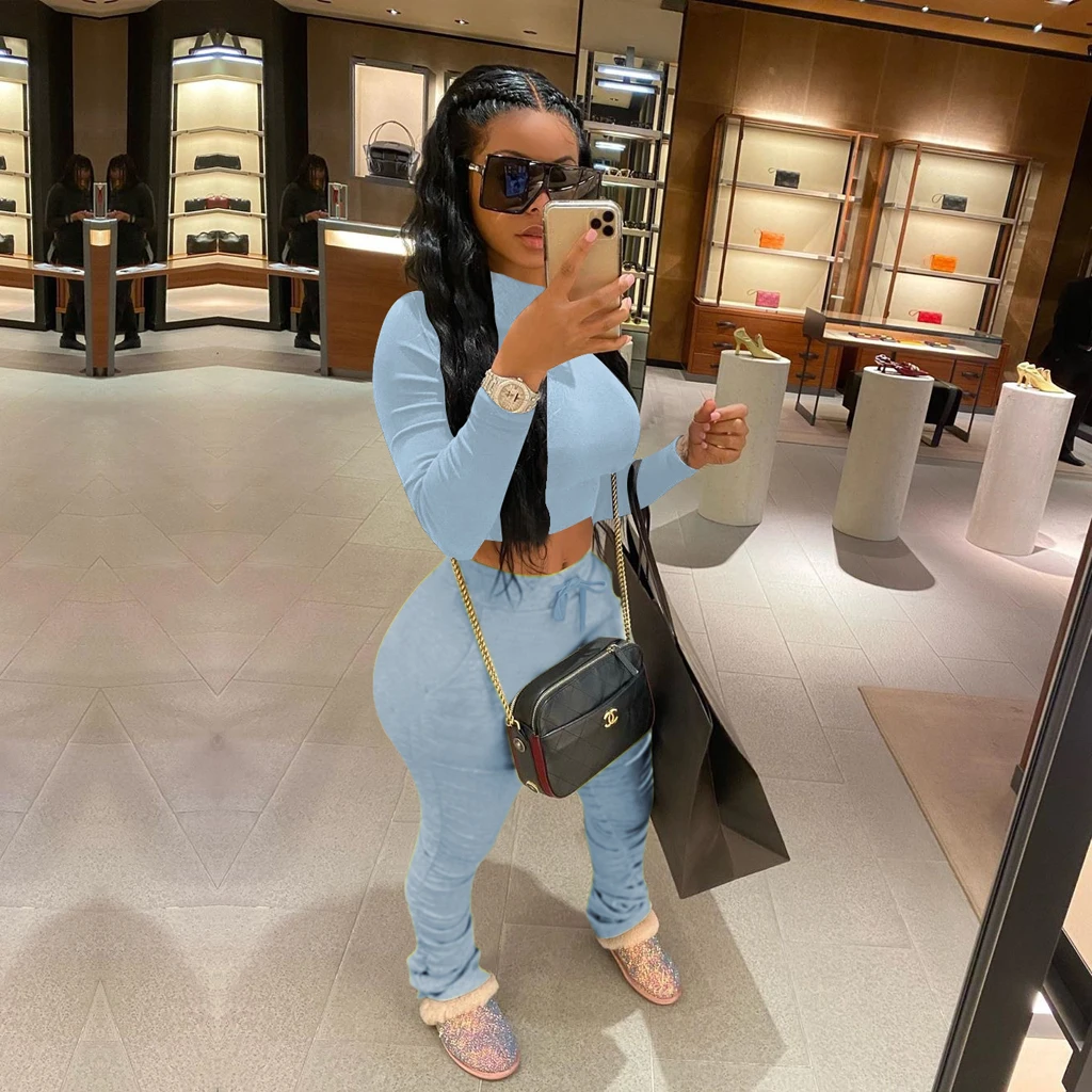 

2020 S-3XL 9Colors Fashion Womens Sweatsuits Sets Two Piece Outfits Long Sleeve Crop Top Sweatshirt and Long Pants Tracksuit Set