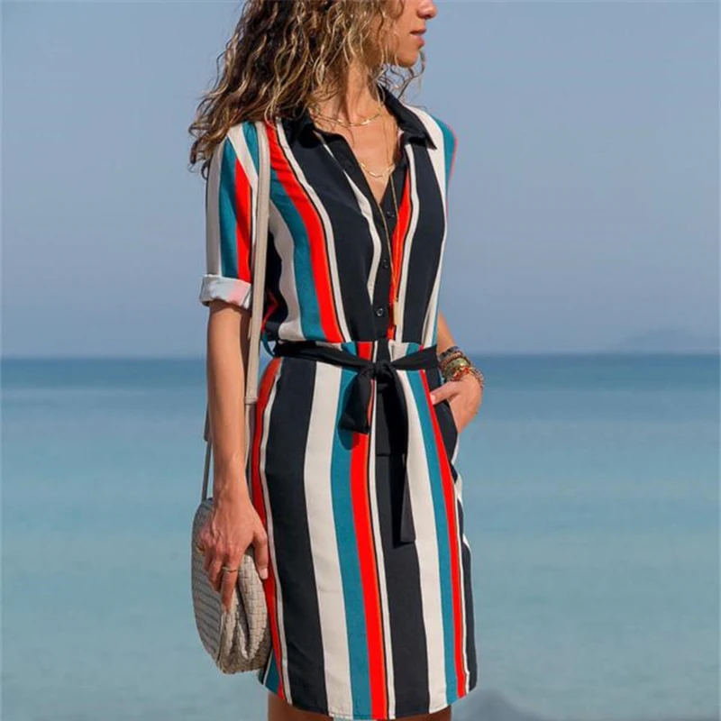 Женское шифоновое платье-рубашка с поясом и длинным рукавом | Женская одежда