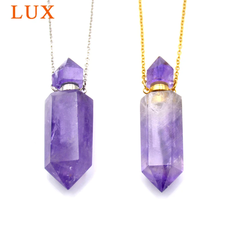 

Genuine Amethysts Stone Perfume Bottle Pendant Necklace Hexagon prism Essential Oil Diffuser Purple Stone Pendant Chakra Crystal