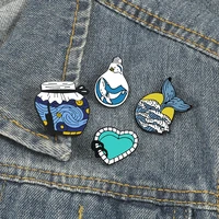 cartoon blue series brooches painting starry night enamel pins sea whale jar swimming pool badge art jewelry gift for artist pin
