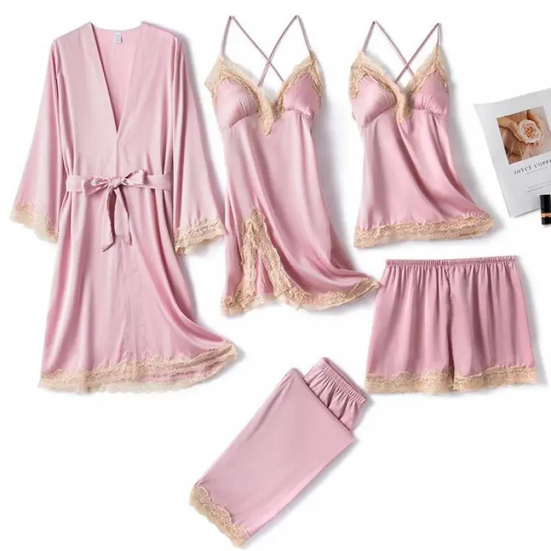 

Female Satin Sleepwear Nightwear Sexy Lace Intimate Lingerie 5PCS Pajamas Suit Casual Home Clothing Green Bride Wedding Robe Set