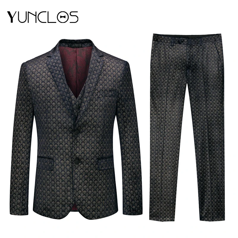 

YUNCLOS, 3 предмета, мужские костюмы, Темно-Синий принт, застежка на воротнике, пиджак, мужские деловые свадебные костюмы, мужские смокинги, хост,...