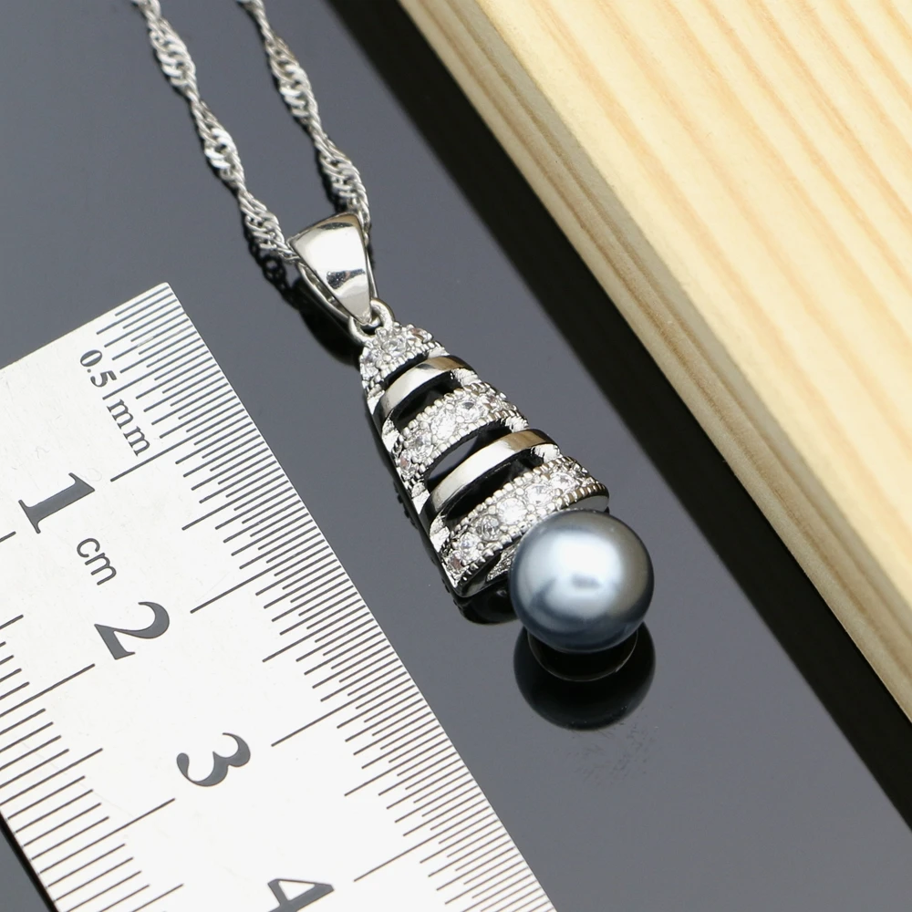 Черные жемчужины серебряные 925 ювелирные наборы для женщин свадебные серьги на каплях с жемчужным ожерельем, комплекты с кольцом, браслетом с кубическим цирконием.