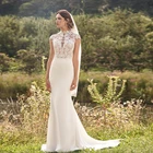 Элегантное кружевное свадебное платье-Русалка для невесты 2021 атласные Прозрачные Свадебные платья с высоким воротом и короткими рукавами-крылышками